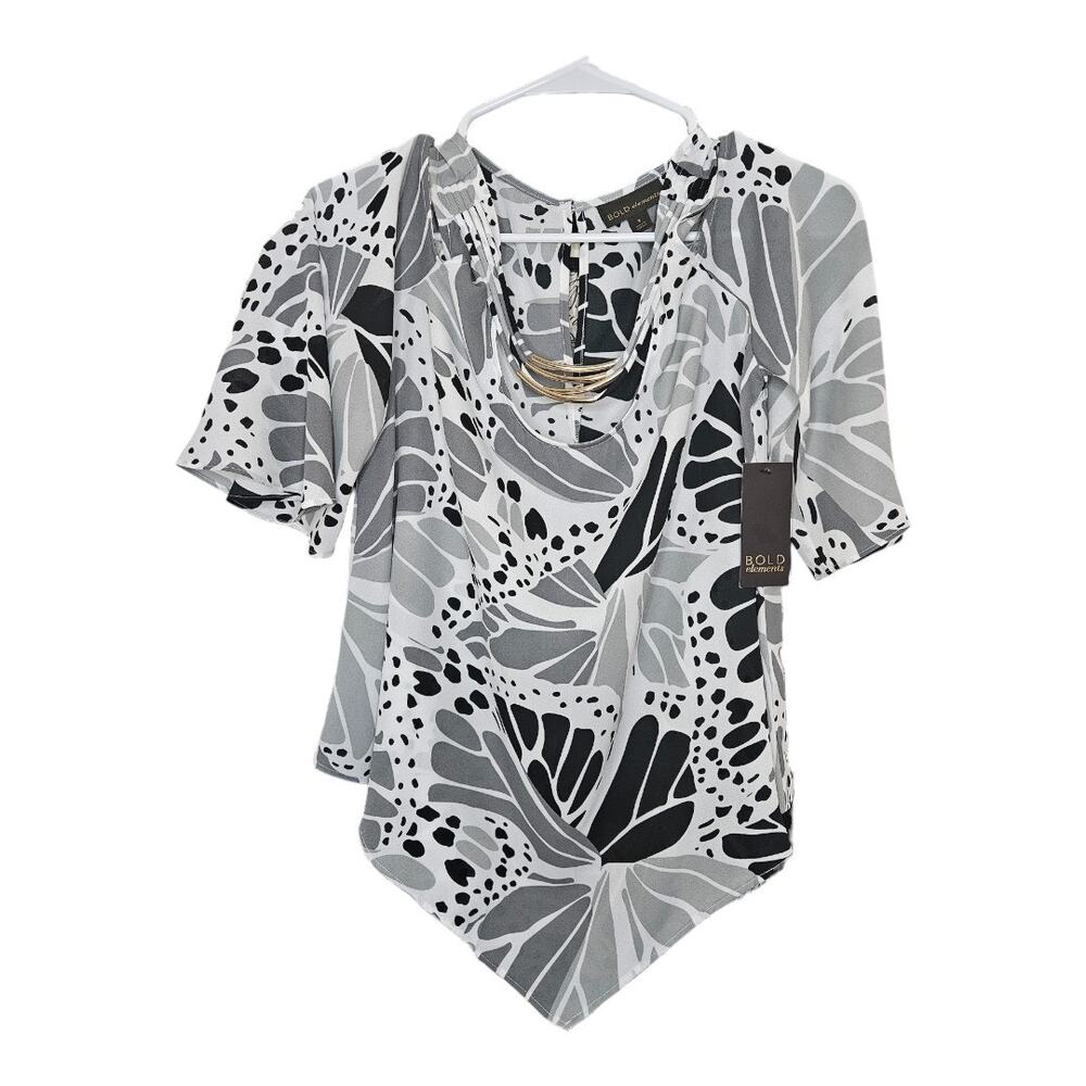 NEW Bold Elements Women's Keyhole Neck 1/2 Sleeve Blouse in Black/Gray (Size: S)